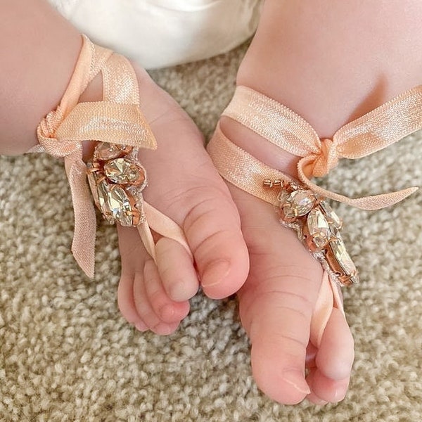Baby Girl Barefoot Sandals, Crystal Barefoot Sandals for Boho Beach Wedding Flower Girl, Baptism shoes, Foot Thong Jewelry, Baby Shower Gift