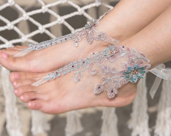 Barefoot Sandals Boho Beach Wedding Shoes, Lace Bridesmaid Sandles Foot Jewelry, Boho Bride Something Blue, Eloped Wedding Bridal Footwear