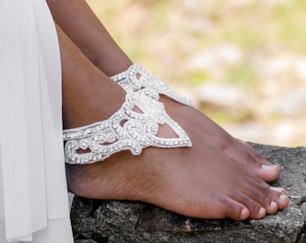 Crystal Bridal Foot Cuffs, Boho Ankle Bracelets for Beach Wedding Bride, Bohemian Women Bare Feet Jewelry, Foot Cuff Bridal Anklets