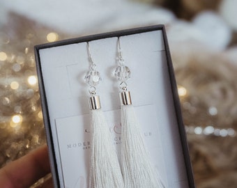 Boho Earrings, Swarovski Crystals Wedding Tassle Earrings, Long Dangle Tassel Earrings with Luxury Cryslals, Gift for Her, Bridesmaids Gift