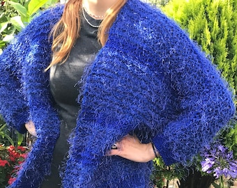 Hand Knitted Woman’s Cardigan, Electric Blue Eyelash Acrylic Yarn Tunic, Cobalt Blue Oversize Sweater, Knitted Coat, Gift Idea for Her