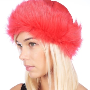 Rose Pink Toscana Lambskin Hat, Sheepskin Winter Hat with Fur Rim, Brightly Pink Long Hair Toscana Lambskin Winter Sports Hat, Gift Idea