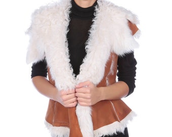 Honey with White Curly Wool Sheepskin Waistcoat, Reversible Toscana Lambskin Gilet, Sleeveless Sheepskin Vest Size M, UK 10/12