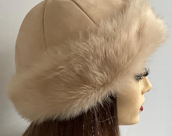 Vintage Brown Suede Sheepskin Shearling Winter Beanie Hat - Etsy display picture 3