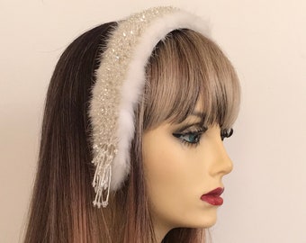 Handmade Vintage White Fur Mink and Precious Stone Headband, Wedding Hair Accessory, White Fur and Precious Stone Hairband, Gift Idea