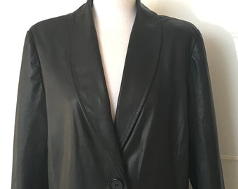 Black Italian Nappa Leather Blazer Jacket Size XL, Black Leather Jacket in Size UK 18/20, Woman’s Black Leather Box Blazer