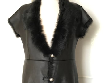 Black Toscana Lambskin Leather Top Finish Long Waistcoat, Black Sheepskin Winter Coat, Reversible Toscana Lambskin Vest Size M