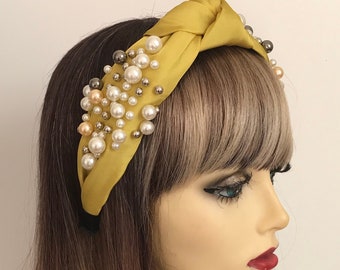 Handmade Faux Pearl Headband Mustard Yellow, Hair Accessories, Front Knot Yellow Satin and Pearl Hairband, Birthday Gift Idea