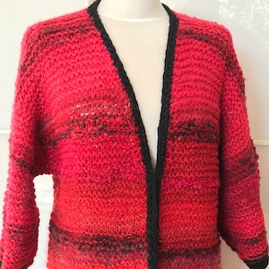 Knitted Woollen Red and Black Longer Cardigan, Mohair and Wool Autumn Winter Long Sweater, Red Woollen All Year Cardigan