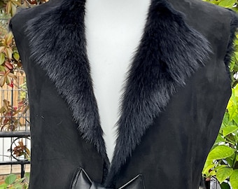 Reversible Short Black Toscana Lambskin Vest: Leather Tie Front, Size M
