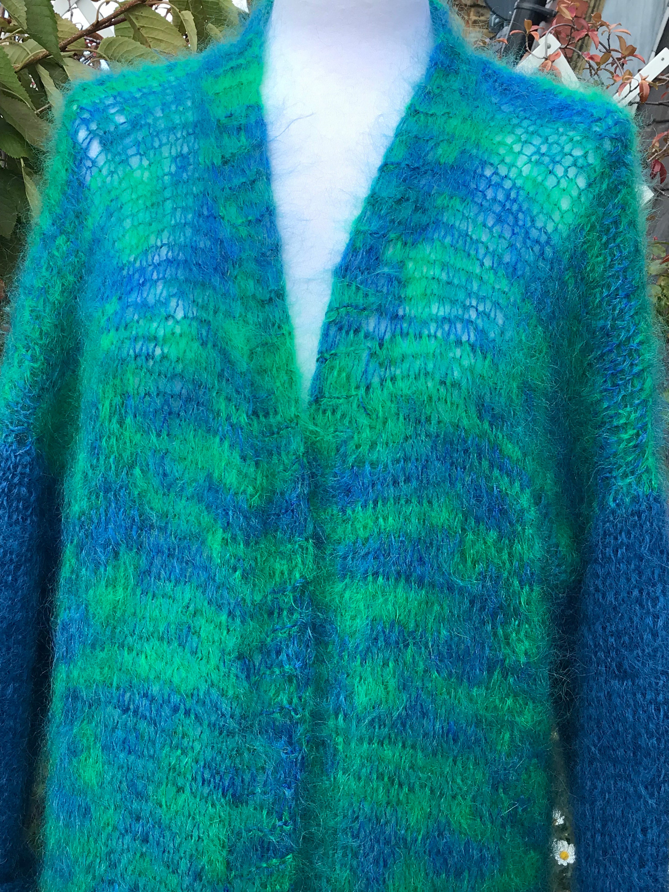 Knitted Smaragd Green and Blue Mohair Cardigan, Hand Knitted Knitted Smaragd Green and Blue Mohair Cardigan, Hand Knitted