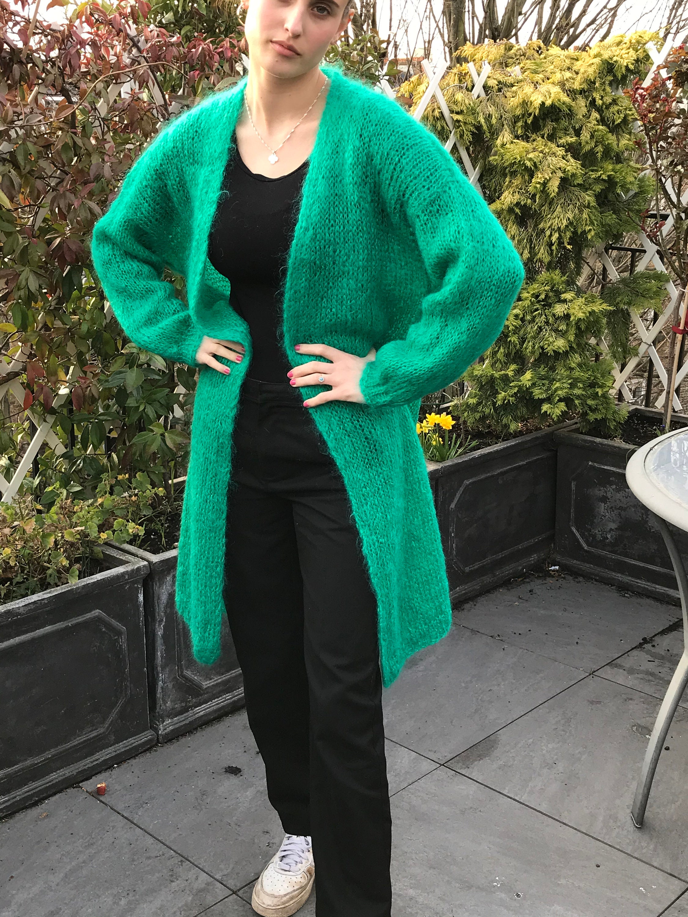 Emerald Green Mohair Cardigan, Hand Knitted Jade Green Mohair Wool Long Sweater, Woollen Long Knitted Coat Size S/M, Gift Idea for Her Emerald Green Mohair Cardigan, Hand Knitted Jade Green Mohair Wool Long Sweater, Woollen Long Knitted Coat Size S/M, Gift Idea for Her