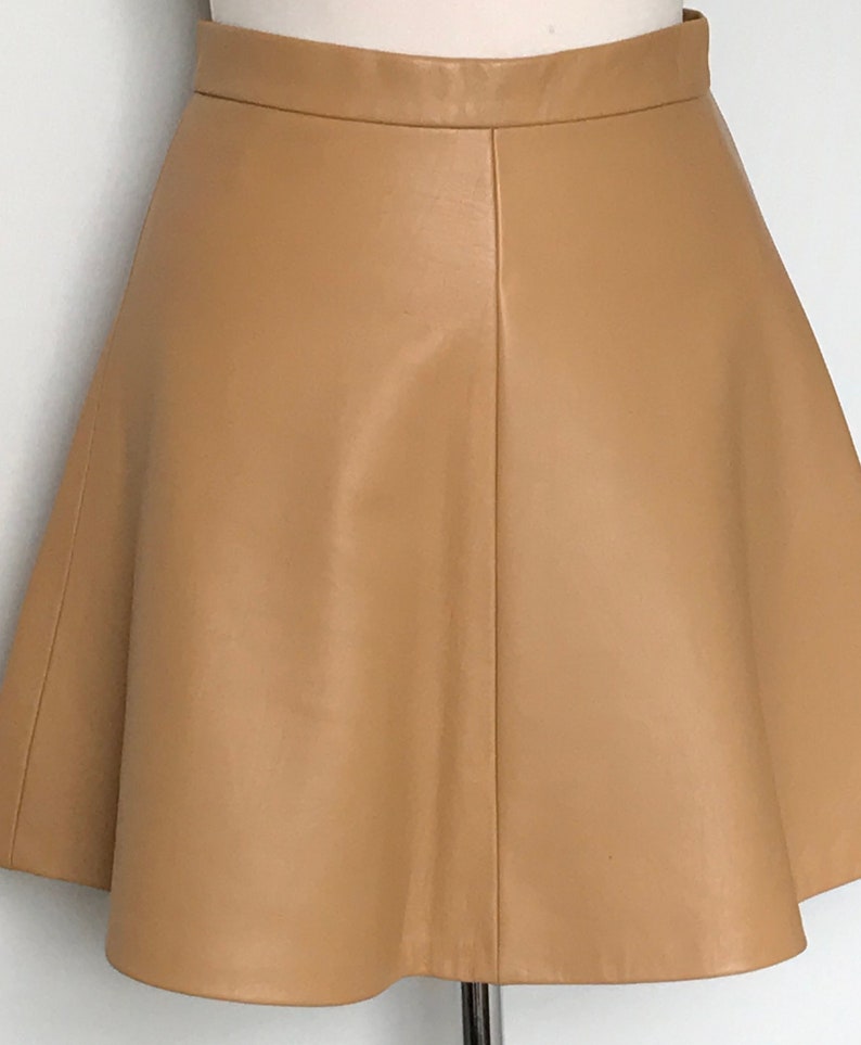 X Small Camel Lamb Nappa Leather Mini Skirt, High Waisted Honey/ Camel Leather Skirt, Size UK 8/10 image 1