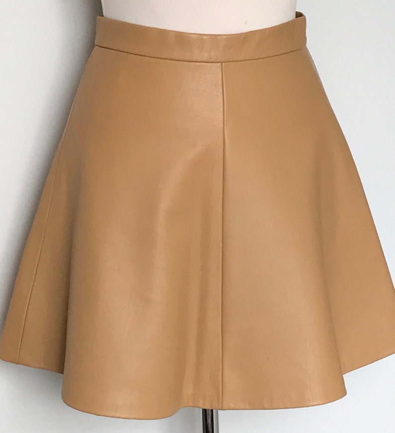 X Small Camel Lamb Nappa Leather Mini Skirt, High Waisted Honey/ Camel Leather Skirt, Size UK 8/10 image 2