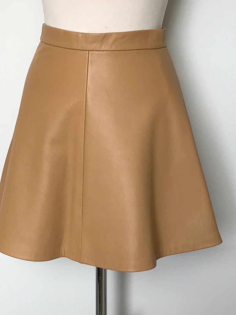 X Small Camel Lamb Nappa Leather Mini Skirt, High Waisted Honey/ Camel Leather Skirt, Size UK 8/10 image 10