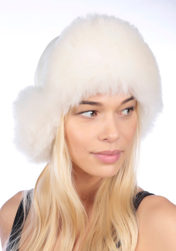 White Leather Trapper Style Hat With 