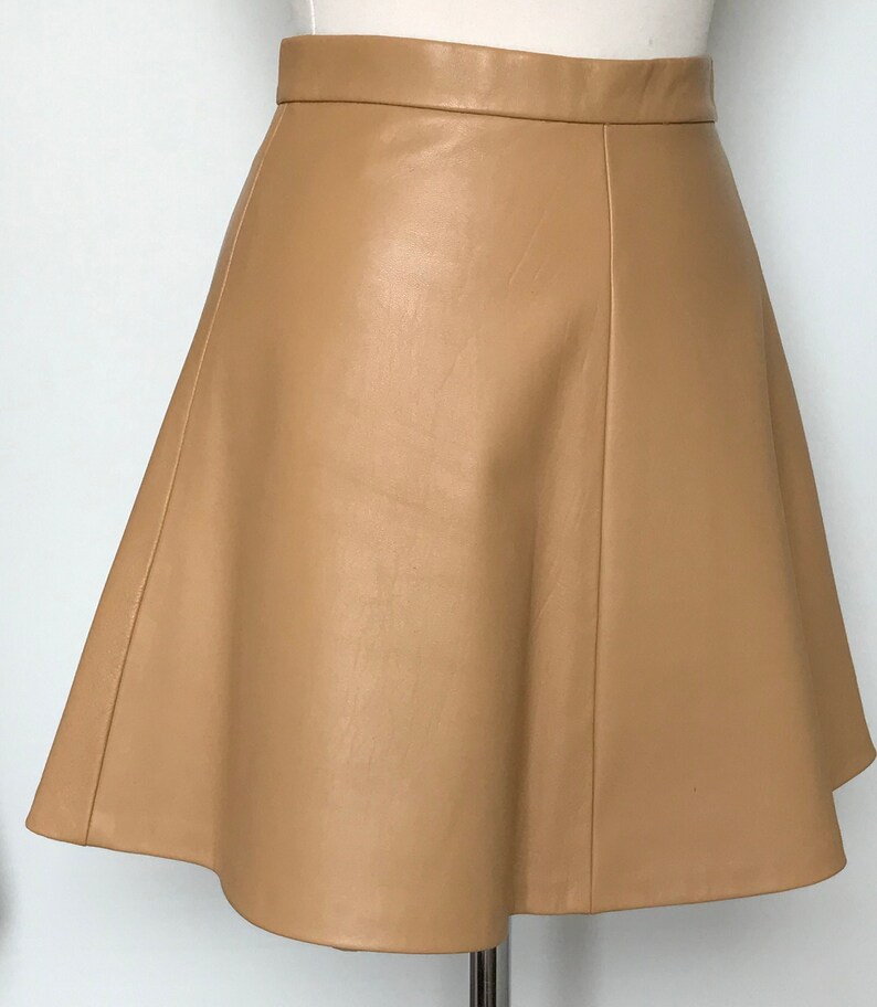 X Small Camel Lamb Nappa Leather Mini Skirt, High Waisted Honey/ Camel Leather Skirt, Size UK 8/10 image 4