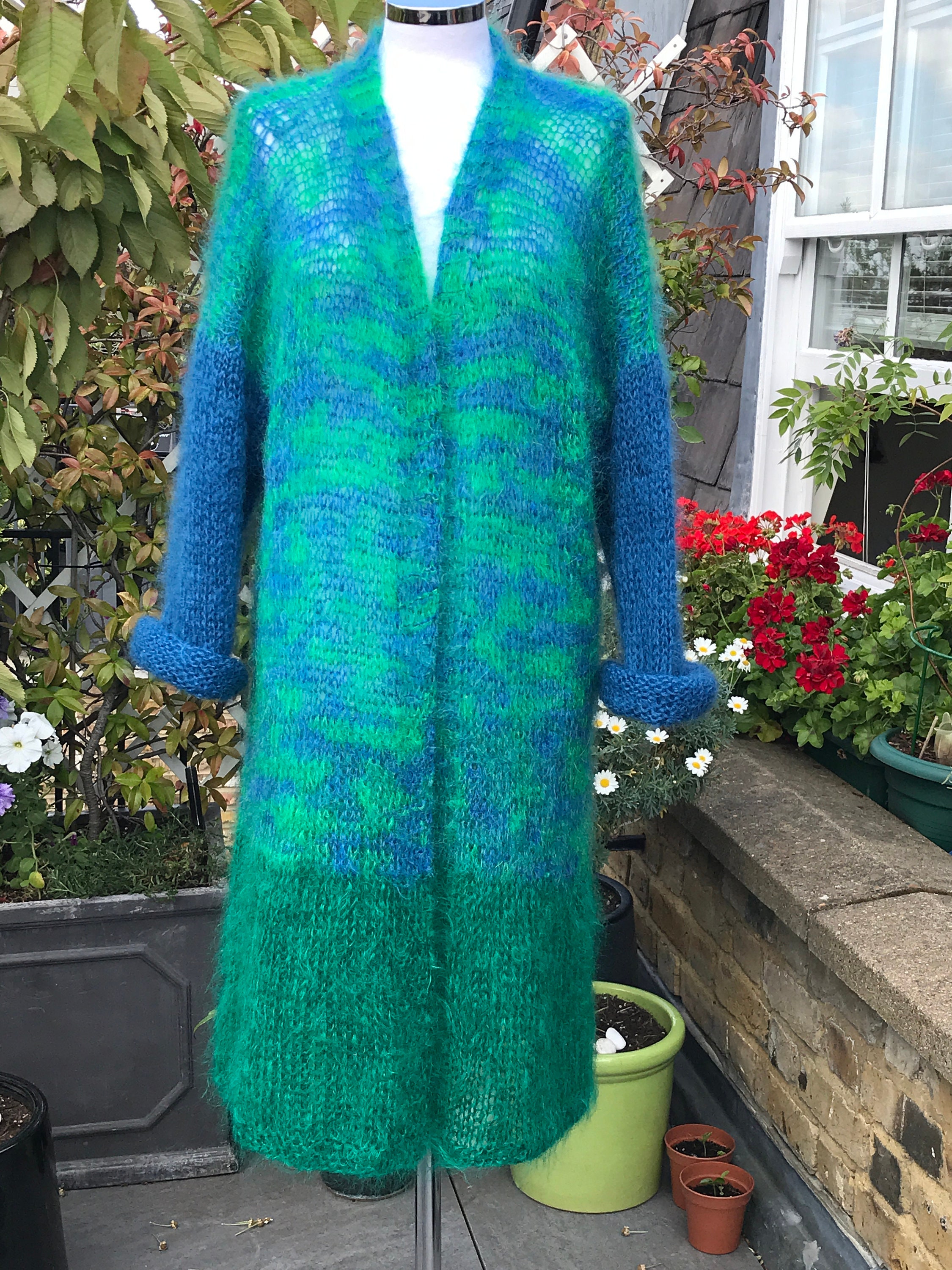 Knitted Smaragd Green and Blue Mohair Cardigan, Hand Knitted Knitted Smaragd Green and Blue Mohair Cardigan, Hand Knitted