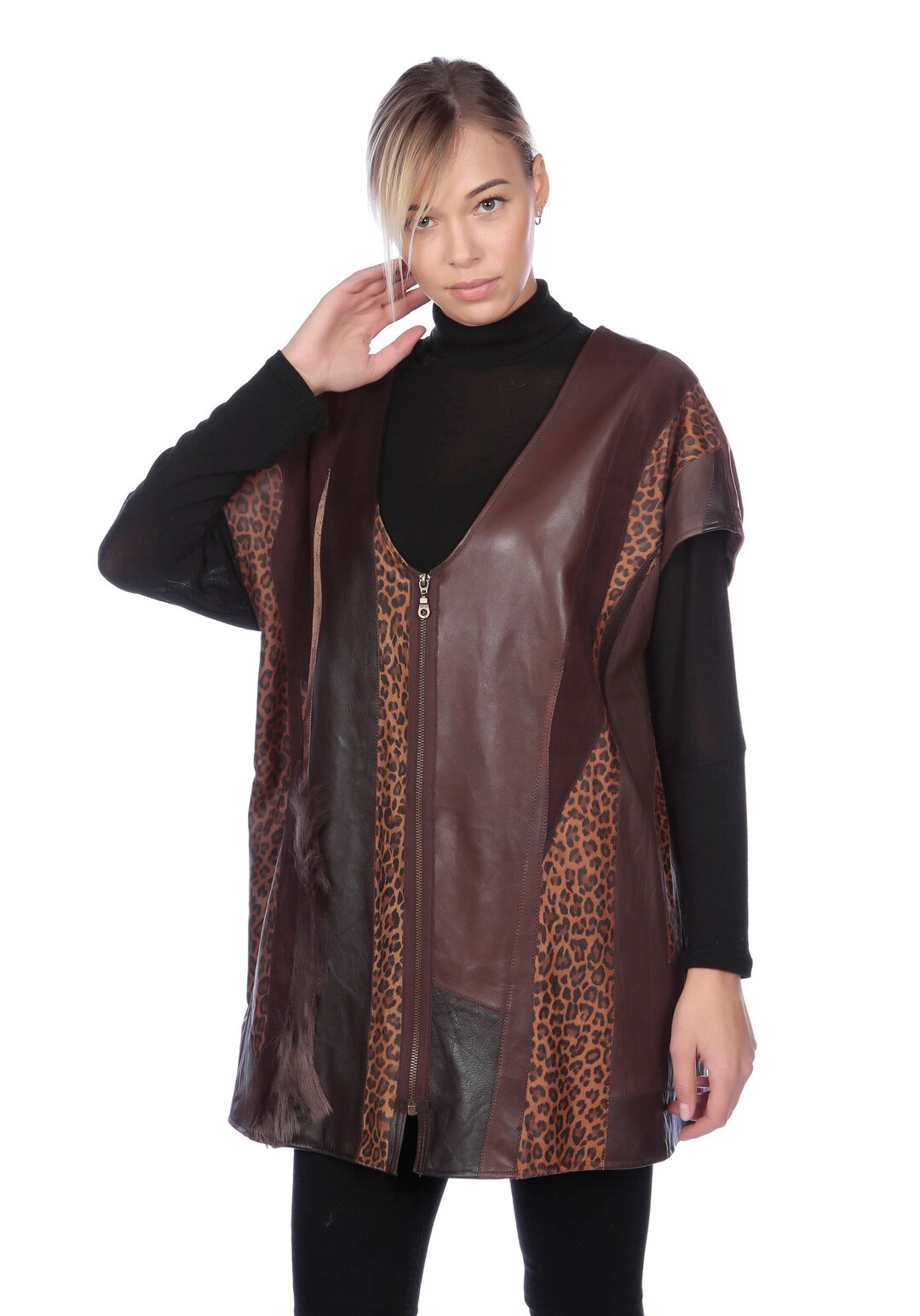Patchwork Leather Vest Jacket Made of Several Shades of Brown and Leopard Print, Leather Large