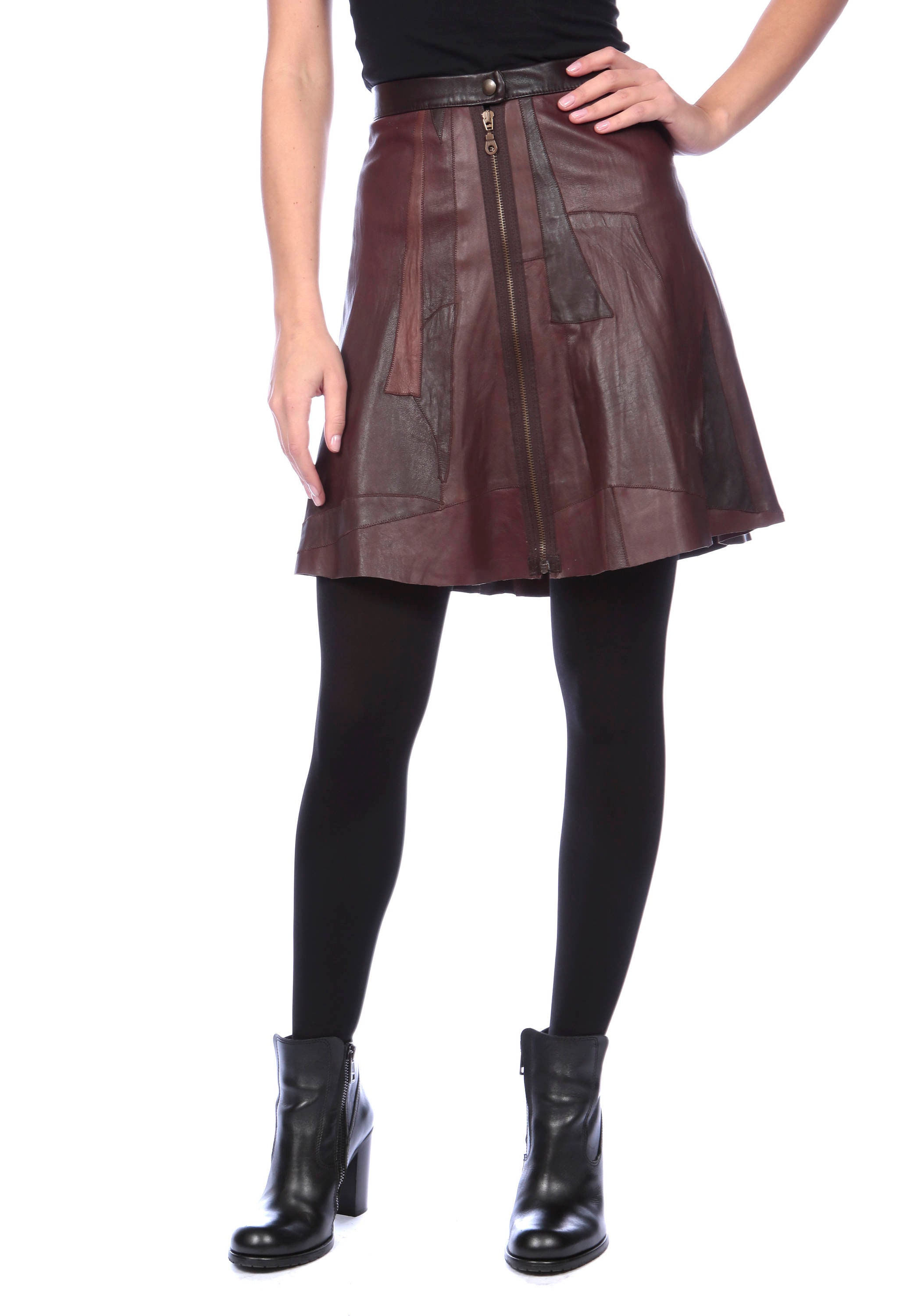 Brown leather skirt zip cheap
