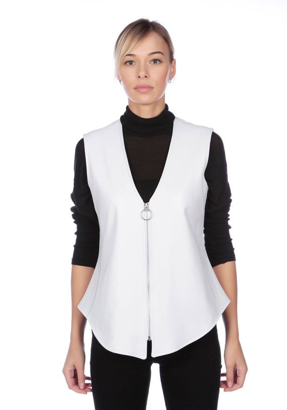 White Nappa Leather Zipped Top Vest White Leather Tunic Etsy