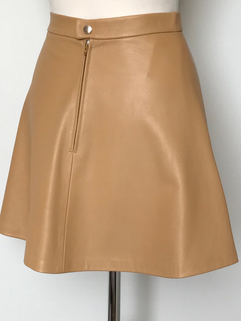 X Small Camel Lamb Nappa Leather Mini Skirt, High Waisted Honey/ Camel Leather Skirt, Size UK 8/10 image 3