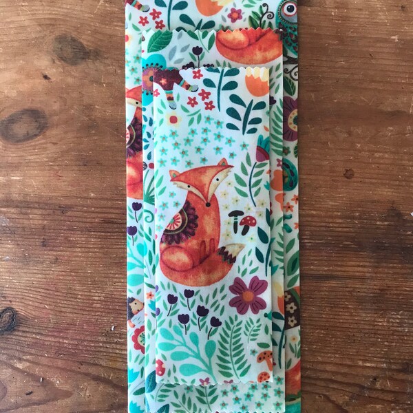 BUNDLE Reusable Cotton Beeswax Vegan Food Wrap White Green Fox Forest Flower Spring  Set of 3 Small Medium Large Plastic Free Zero Waste