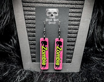 Zombie girl bar earrings with brain background