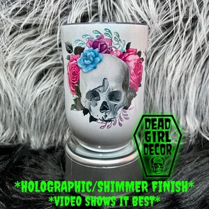 Teal and pink floral skull 12 oz wine tumbler-shimmer finish