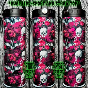 Crâne gothique, chauves-souris et roses rouges tumbler-spooky tumbler-comprend 2 couvercles