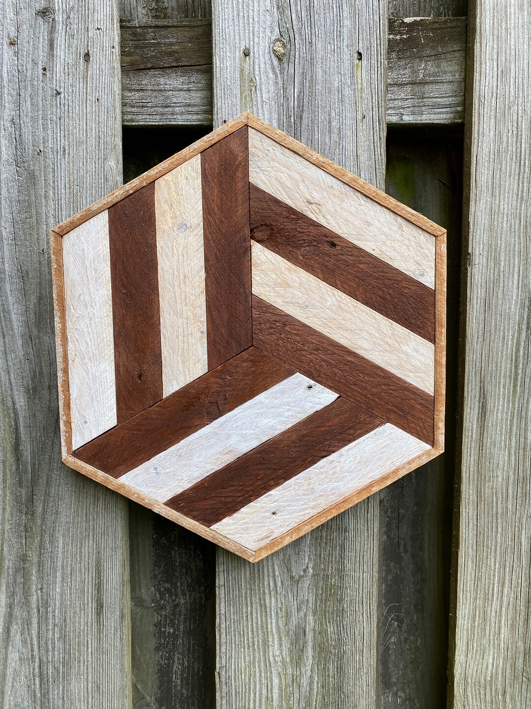 Brown and White Hexagon Wood Wall Art, Reclaimed Wood Wall Art, Wood