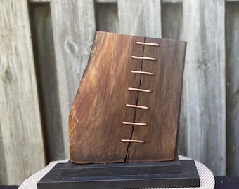 Live Edge Cracked Recycled Wood Slab Sculpture, Live Edge Wood Slab Sculpture, Unique Wood Sculpture, Copper Wire Sculpture, Live Edge