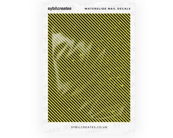 Distressed Black and Yellow Hazard Stripes Waterslide Nail Decals - Caution Danger Warning Grunge Aesthetic Nail Art - Opaque White A6 Sheet