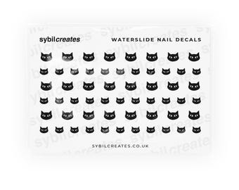 Black Cat Face Waterslide Nail Decals - Pet Animal Head Illustration Cute Abstract Art Deco Aesthetic Nail Art - Clear Transparent A7 Sheet
