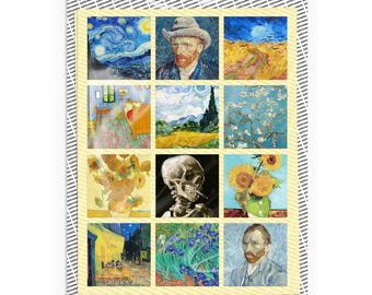 Vincent van Gogh Sticker Sheets – 24 Stickers - Artist Art Painting Almond Blossoms Bedroom Cafe Skeleton Starry Night Sunflower Wheatfield