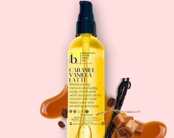 May include: A 4 ounce bottle of Caramel Vanilla Latte body oil. The bottle is yellow and has a black pump top. The label is white with black text and features a vanilla bean and coffee beans. The text on the label reads "Beautiful Glow Body Oil" and "Caramel Vanilla Latte".