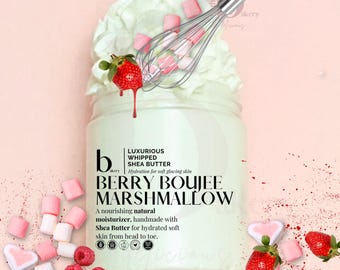 May include: A jar of "Berry Boujee Marshmallow" whipped shea butter with strawberries, marshmallows, and whipped cream. The jar has a label with the brand logo and product information. A whisk is placed in the whipped cream. The background is pink.