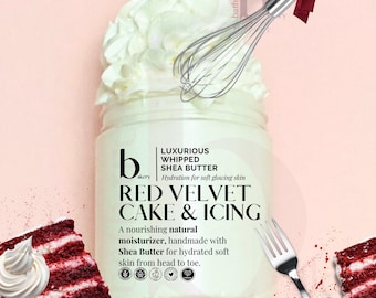 May include: A jar of "Red Velvet Cake & Icing" whipped shea butter with a swirl of whipped cream. The jar is next to a slice of red velvet cake and a whisk. The text reads "Luxurious Whipped Shea Butter".
