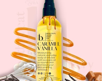 May include: A 4 ounce (125 ml) bottle of caramel vanilla body oil. The bottle is clear glass with a black pump top. The label is white with black text and a brown and white illustration of a vanilla bean. The text on the label reads "Beautiful Glow Body Oil" and "Caramel Vanilla".