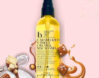 May include: A yellow body oil bottle with a black pump top. The label reads "CARAMELIZED VANILLA CREAM & MACADAMIA" and "BEAUTIFUL GLOW BODY OIL". The image includes caramel candies, white chocolate, and macadamia nuts. The bottle contains 4oz (125ml).