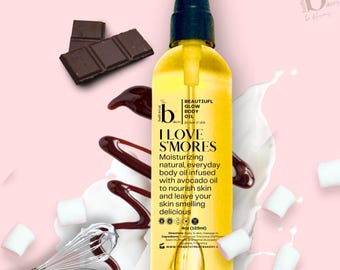 May include: A 125 ml bottle of "I Love S'mores" moisturising body oil. The bottle is clear and yellow with a black pump top. The label is white with black text and a brown chocolate graphic. The text on the label reads "Beautiful Glow Body Oil for hair & skin" and "I Love S'mores".