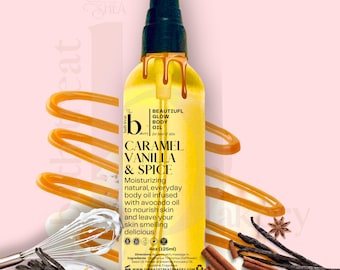 Puede incluir: Una botella de 125 ml de aceite corporal de caramelo, vainilla y especias. La botella es transparente y contiene un líquido amarillo. La etiqueta es blanca con texto negro y presenta un logotipo 'b' estilizado. El texto de la etiqueta dice "Beautiful Glow Body Oil for hair & skin", "Caramel Vanilla & Spice", "Moisturizing natural, everyday body oil infused with avocado oil to nourish skin and leave your skin smelling delicious", "4oz (125ml)", "Directions: Apply to skin, massage in", "Ingredients: Tous Safflower Oil, Avocado Oil, Fragrance", "www.thebathtreatbakery.com".
