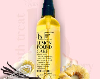 May include: A 4 ounce bottle of lemon pound cake scented body oil. The bottle is yellow and has a black pump top. The label is white with black text that reads "Beautiful Glow Body Oil" and "Lemon Pound Cake". The text also includes directions for use and a list of ingredients.