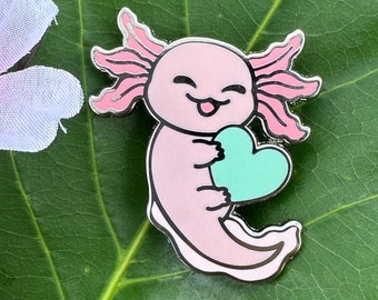 Pink Axolotl Enamel Pin With Pastel Green Heart Silver Kawaii Pet Cute Amphibian Ita Bag Deco