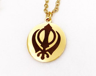 Gold Engraved Khanda Necklace, Pendant, Gift For Her, Baby Gift, New Baby, Birthday, Wedding Gift, Sikh, Aum, Diwali, Protection, Vaisakhi