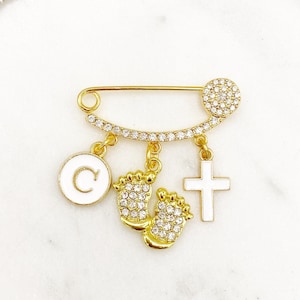 Crystal Mini Cross Initial Footprint Pin, Protection Baby Pin, Gold Safety Charm Pin, Christening, Shower, Christian, Baptism Pin, Orthodox