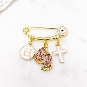Evil Eye Mini Cross Initial Footprint Pin, Protection Baby Pin, Gold Safety Charm Pin, Christening, Shower, Christian, Baptism Pin, Orthodox