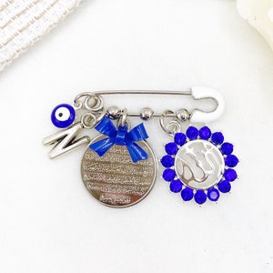 Personalised Silver Mini Diamante Allah & Ayatul Kursi, Evil Eye Baby Clothing Pin, Neutral, Unisex, Gender Neutral