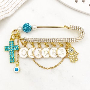 Personalised Cross Evil Eye Pin, Hamsa Hand Baby Pin, Gold Safety Pin, Brooch, Stroller Pin, Baptism, Baby Shower, Christian, Protection