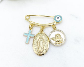Gouden Boze Oog Mini Pin, Mary, Blue Cross, Guardian Angel, Protection Baby Pin, Gold Safety Pin, Sieraden, Custom, Christian